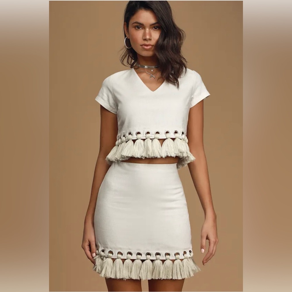 Lulu's Cream Tassel-Trim Mini Skirt